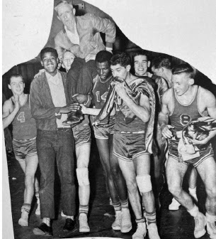 Placer players celebrate an emotional 1955 championship victory the year the tournament was renamed to honor Coach Kendall Arnett who passed away the previous year.