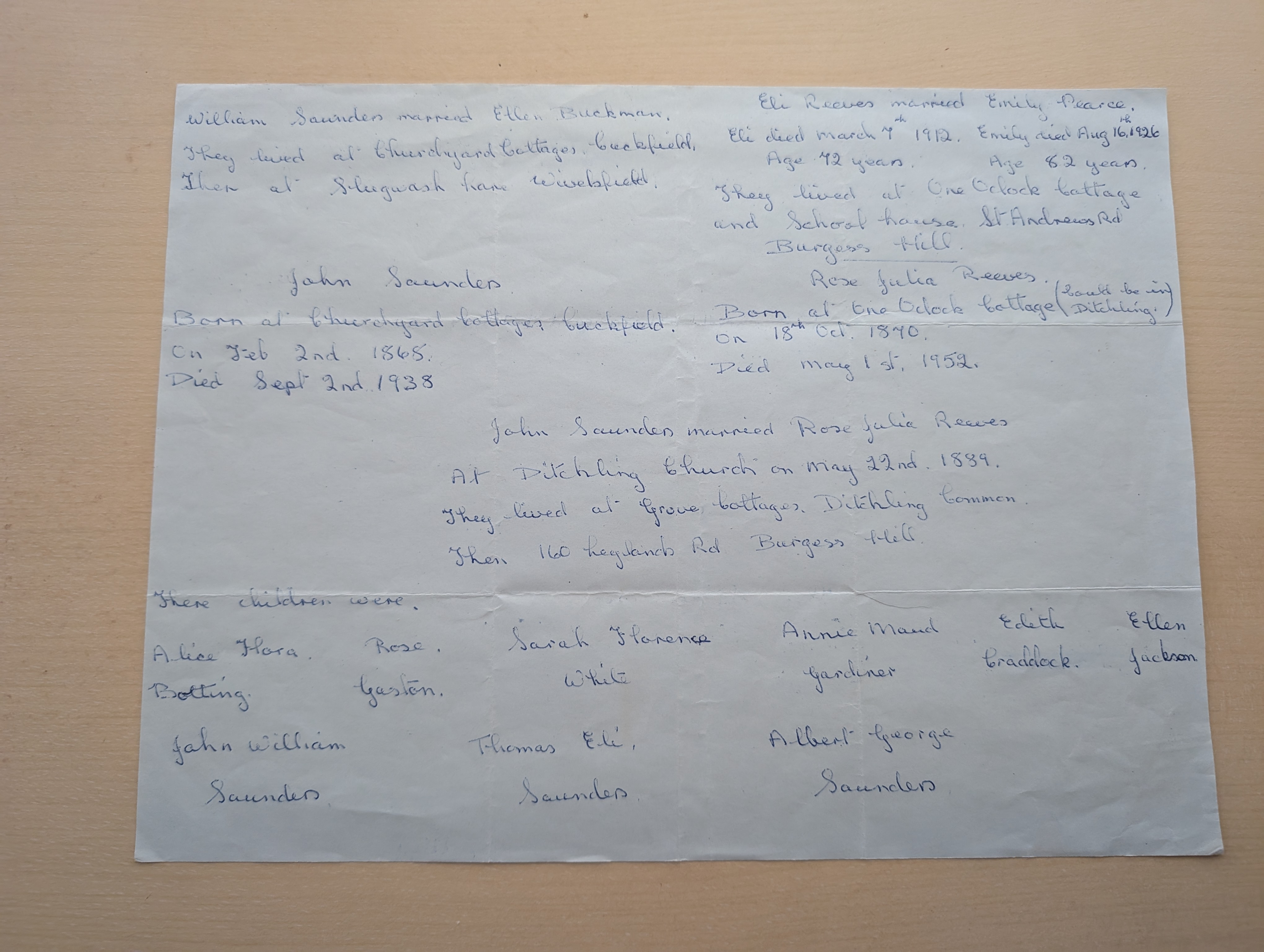 A blue piece of paper with handwriting on that shows the start of a family tree.