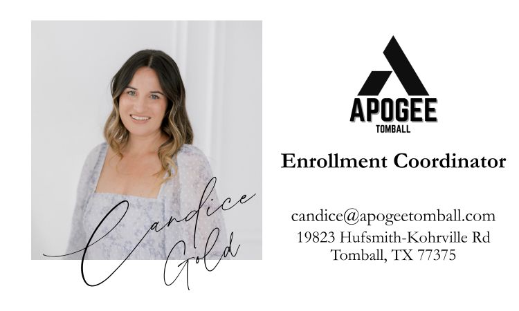headshot and contact information for the apogee tomball enrollment director