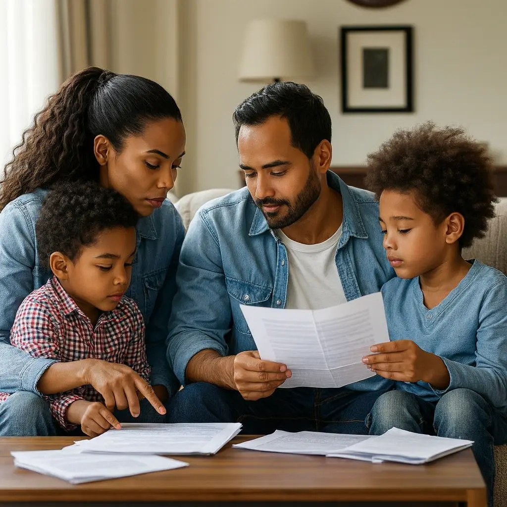 Family discussing loan modification documents together on a couch Family discussing loan modification documents together on a couch