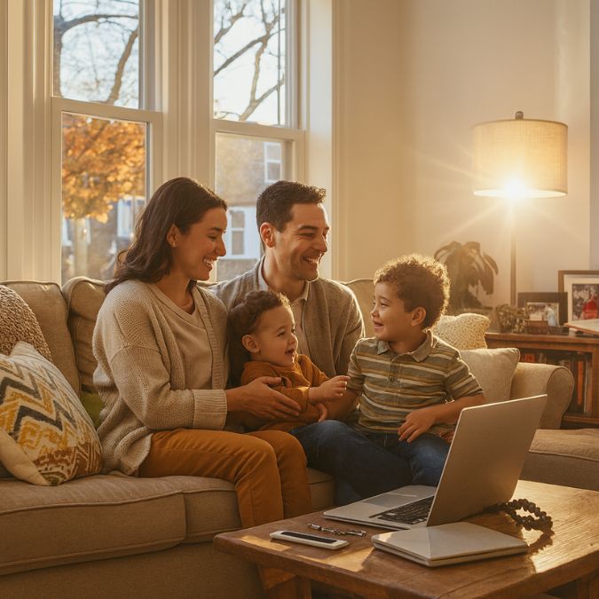 Family discussing home sale in a cozy living room with a 'For Sale' sign Family discussing home sale in a cozy living room with a 'For Sale' sign