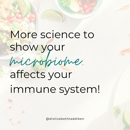 faded image of food with quote "More science to show your microbiome affects your immune system!"