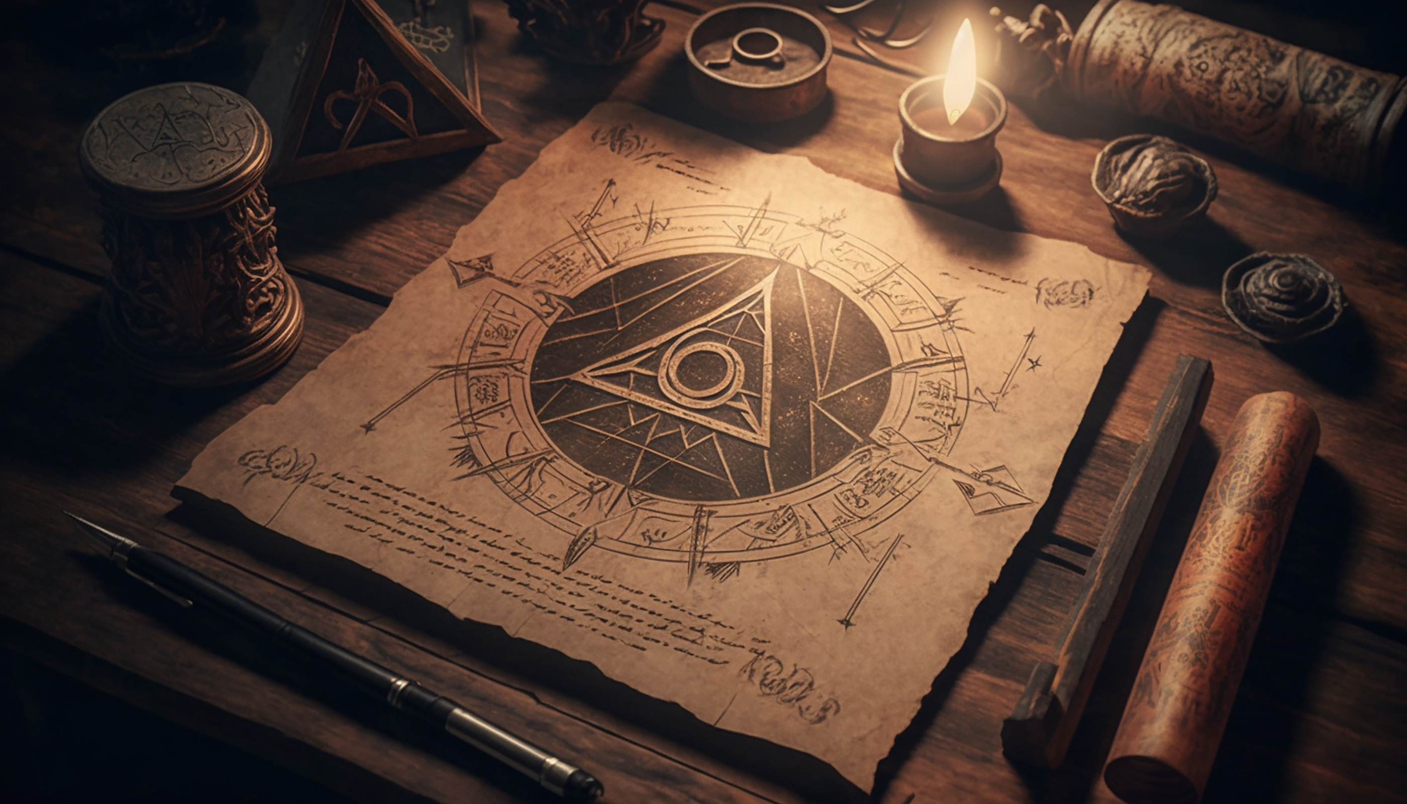 Mysterious scroll with triangular symbol by candellight.