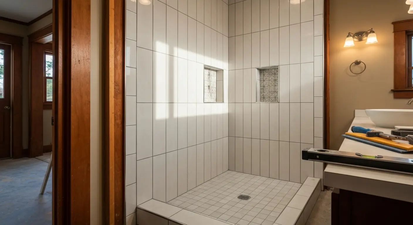 Newly remodeled bathroom with tiled shower