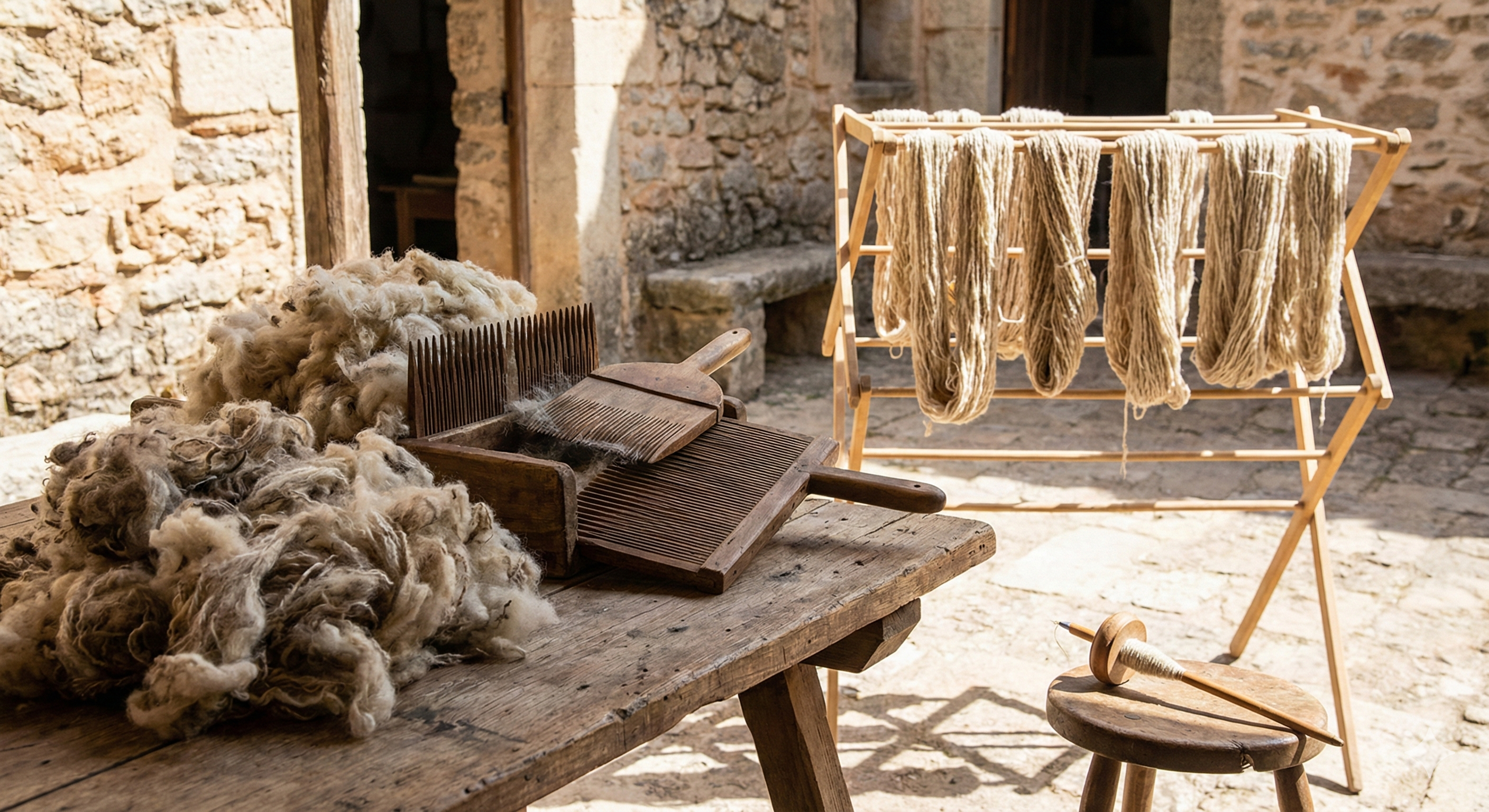 Preparing the yarn - wool shearing and spinning