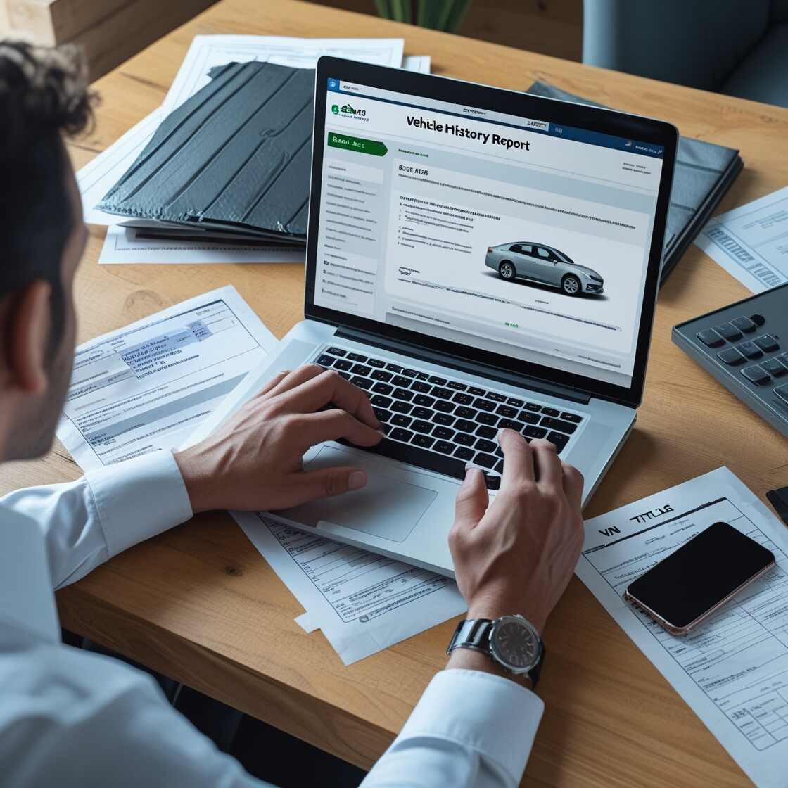 A person is working at a desk with a laptop displaying a "Vehicle History Report" from a website, featuring an image of a car. A person is working at a desk with a laptop displaying a "Vehicle History Report" from a website, featuring an image of a car.