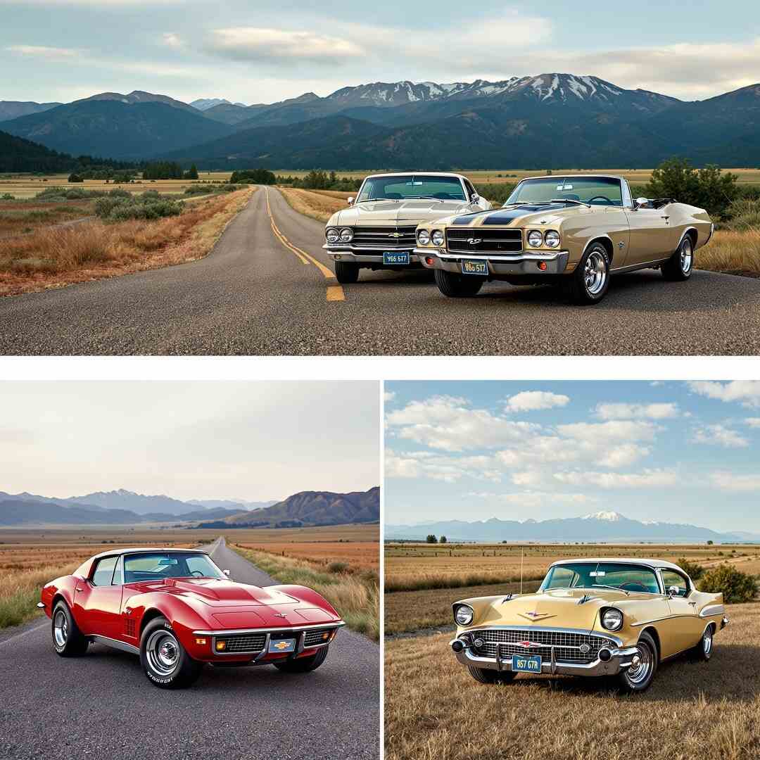 A collage of images featuring classic cars parked on a scenic Montana road with mountains in the background. A collage of images featuring classic cars parked on a scenic Montana road with mountains in the background.