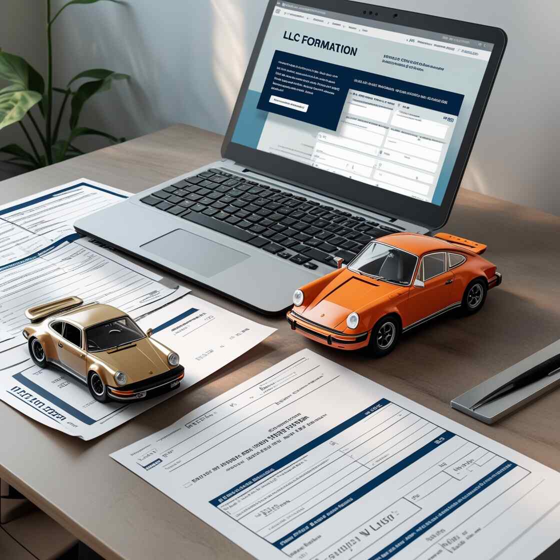 A laptop displaying an LLC formation webpage sits on a desk with paperwork, two classic car models, and a pen, symbolizing tax planning for classic car collections. A laptop displaying an LLC formation webpage sits on a desk with paperwork, two classic car models, and a pen, symbolizing tax planning for classic car collections.