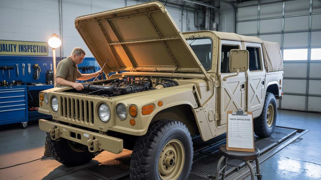 A person works under the raised hood of a tan military-style vehicle in a garage, inspecting or repairing the engine.