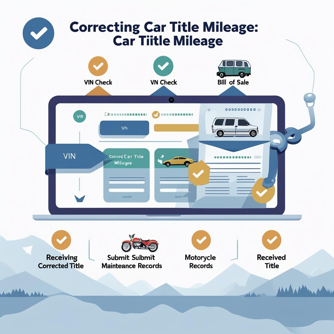 Illustration of a laptop displaying "Correcting Car Title Mileage" with icons for VIN check, bill of sale, receiving corrected title, maintenance records, and odometer readings, featuring a car and motorcycle. Illustration of a laptop displaying "Correcting Car Title Mileage" with icons for VIN check, bill of sale, receiving corrected title, maintenance records, and odometer readings, featuring a car and motorcycle.