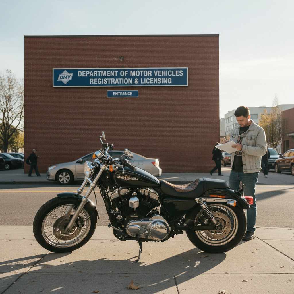 Black motorcycle parked outside DMV office with a man checking registration papers, illustrating motorcycle registration process. Black motorcycle parked outside DMV office with a man checking registration papers, illustrating motorcycle registration process.
