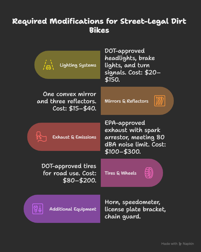 Infographic showing steps to make a dirt bike street-legal in California with lighting, mirrors, exhaust, tires, and compliance equipment for models like Honda CRF450X and CRF300L. Infographic showing steps to make a dirt bike street-legal in California with lighting, mirrors, exhaust, tires, and compliance equipment for models like Honda CRF450X and CRF300L.