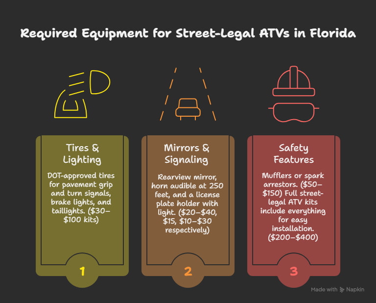 Infographic showing required equipment for making ATVs street-legal in Florida, including DOT tires, mirrors, lights, horn, and safety gear for compliance with state and county laws. Infographic showing required equipment for making ATVs street-legal in Florida, including DOT tires, mirrors, lights, horn, and safety gear for compliance with state and county laws.