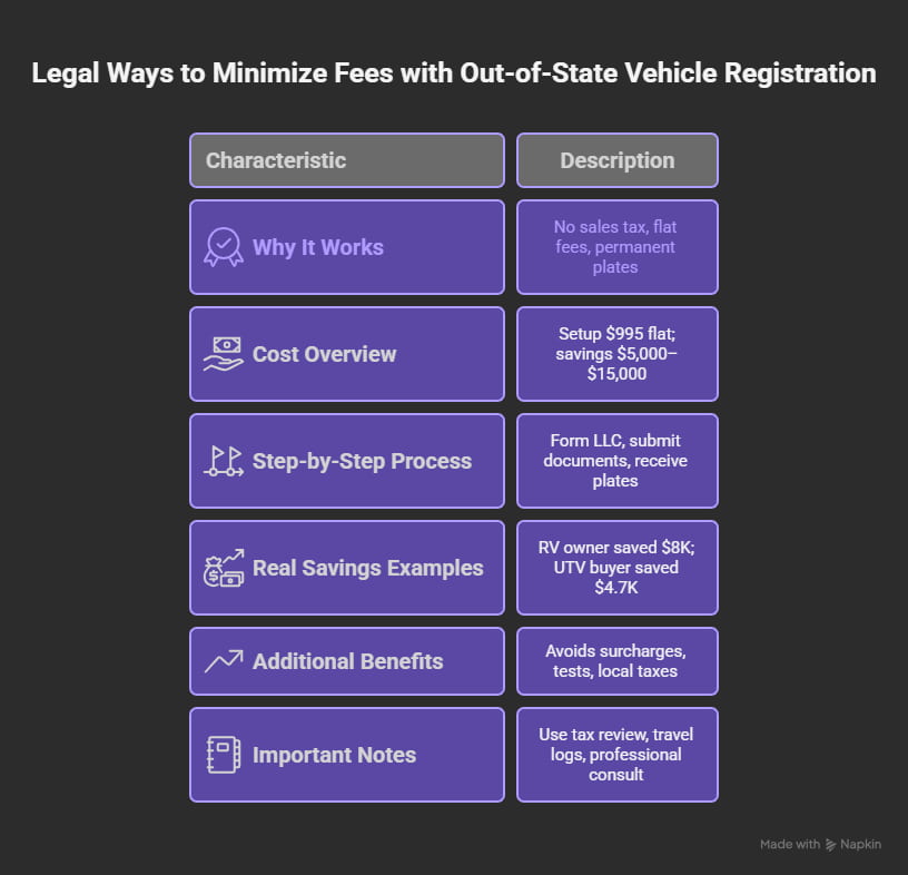 Infographic explaining how Illinois vehicle owners can legally minimize registration fees using a Montana LLC, outlining costs, steps, benefits, and compliance tips. Infographic explaining how Illinois vehicle owners can legally minimize registration fees using a Montana LLC, outlining costs, steps, benefits, and compliance tips.
