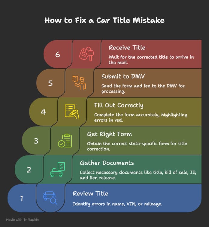 Infographic showing steps to fix a written mistake on a car title, including reviewing errors, completing correction forms, submitting to DMV, and avoiding whiteout or erasures.