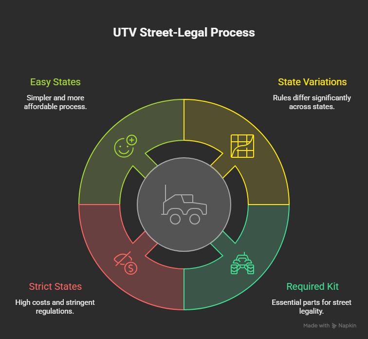Infographic showing how to make a UTV street legal, including required lights, mirrors, horn, windshield, and state-specific rules. Infographic showing how to make a UTV street legal, including required lights, mirrors, horn, windshield, and state-specific rules.