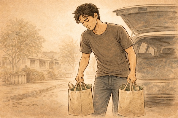 Parent carrying grocery bags alone at the end of the day, representing quiet responsibility and emotional weight in daily life. Parent carrying grocery bags alone at the end of the day, representing quiet responsibility and emotional weight in daily life.