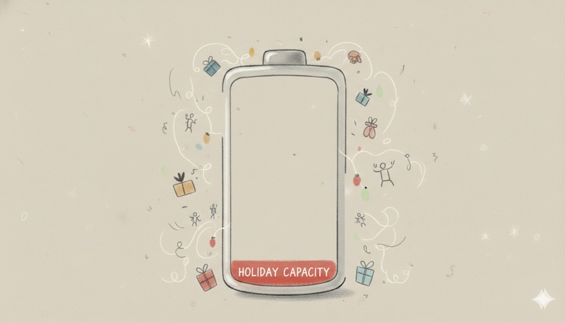 An AI-generated vintage-style hand-drawn battery icon surrounded by holiday confetti and gifts, showing a low red energy level labeled "Holiday Capacity."