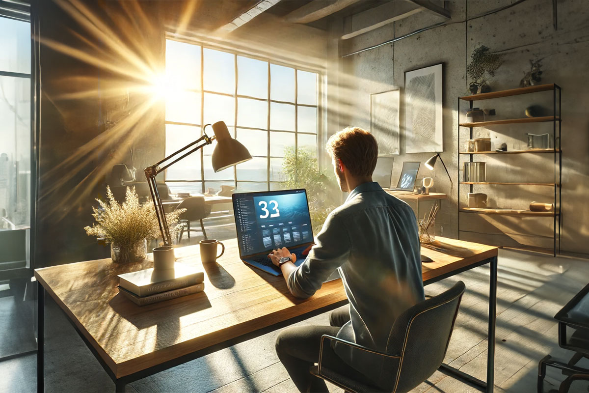 Man working on laptop with sunlight coming through windows