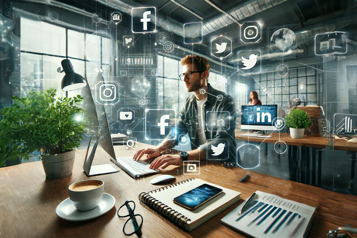 Man working on computer social media logos