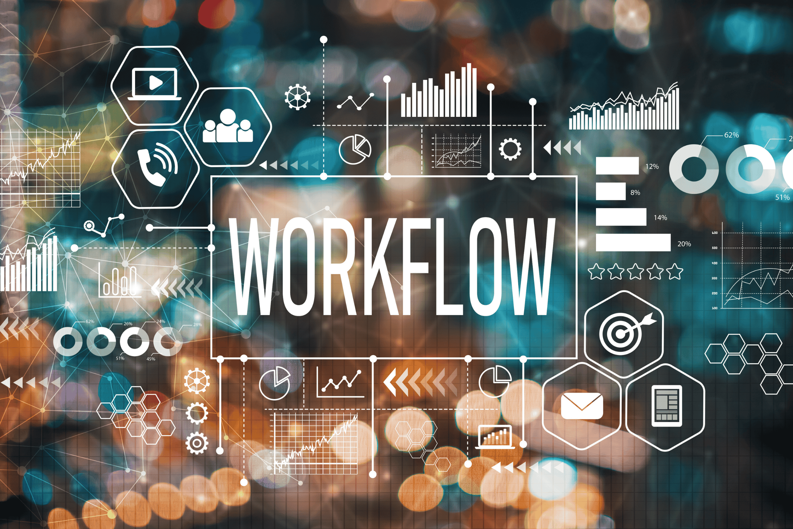 "An image of a digital screen with the word 'Workflow' prominently displayed, surrounded by interconnected arrows, gears, and icons representing various business processes, illustrating the flow of tasks and automation in operations." "An image of a digital screen with the word 'Workflow' prominently displayed, surrounded by interconnected arrows, gears, and icons representing various business processes, illustrating the flow of tasks and automation in operations."
