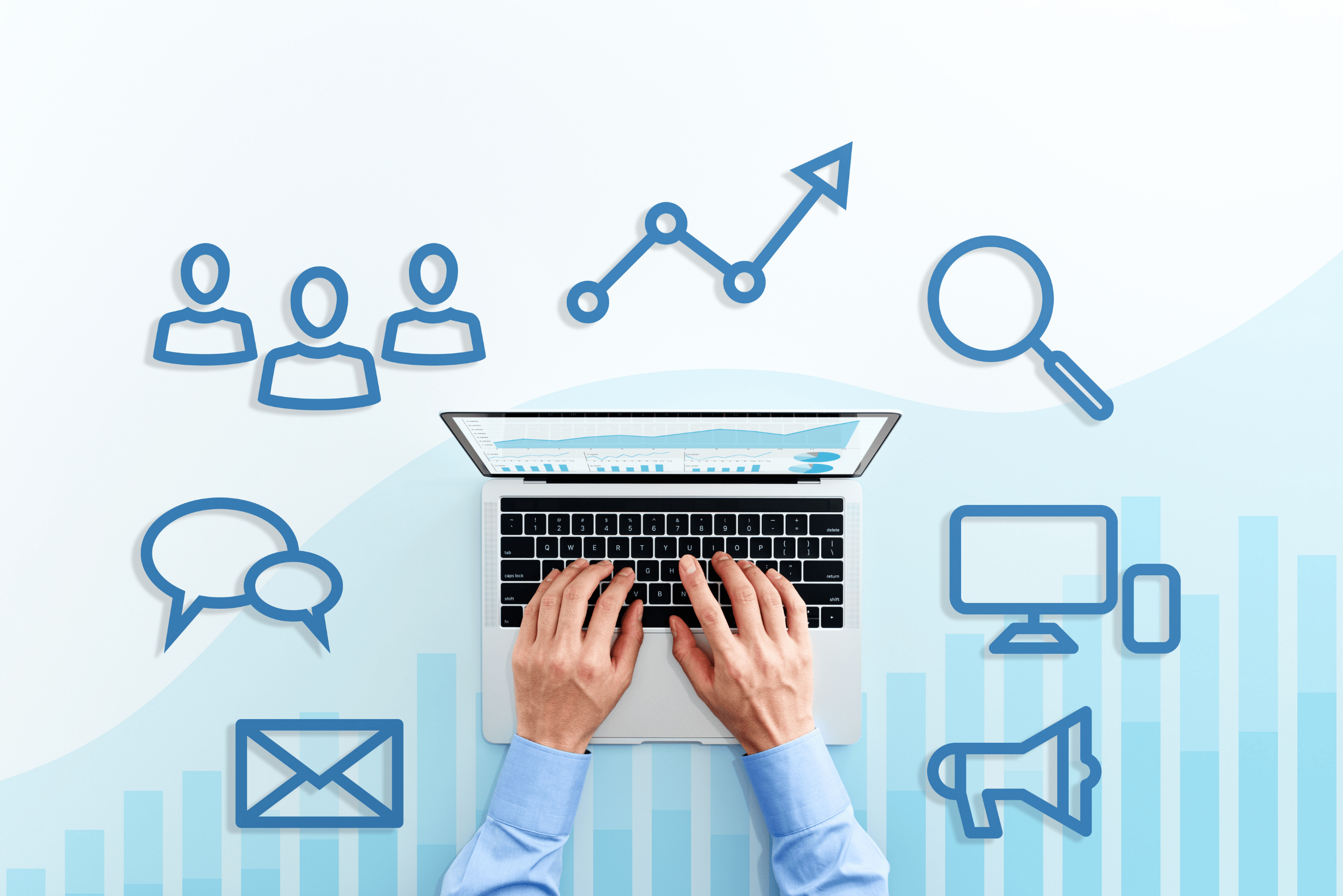 "An image of a person’s hand pressing a laptop keyboard, with various growth charts, upward arrows, and graphs surrounding it, symbolizing the impact of technology and digital tools on business growth and progress." "An image of a person’s hand pressing a laptop keyboard, with various growth charts, upward arrows, and graphs surrounding it, symbolizing the impact of technology and digital tools on business growth and progress."