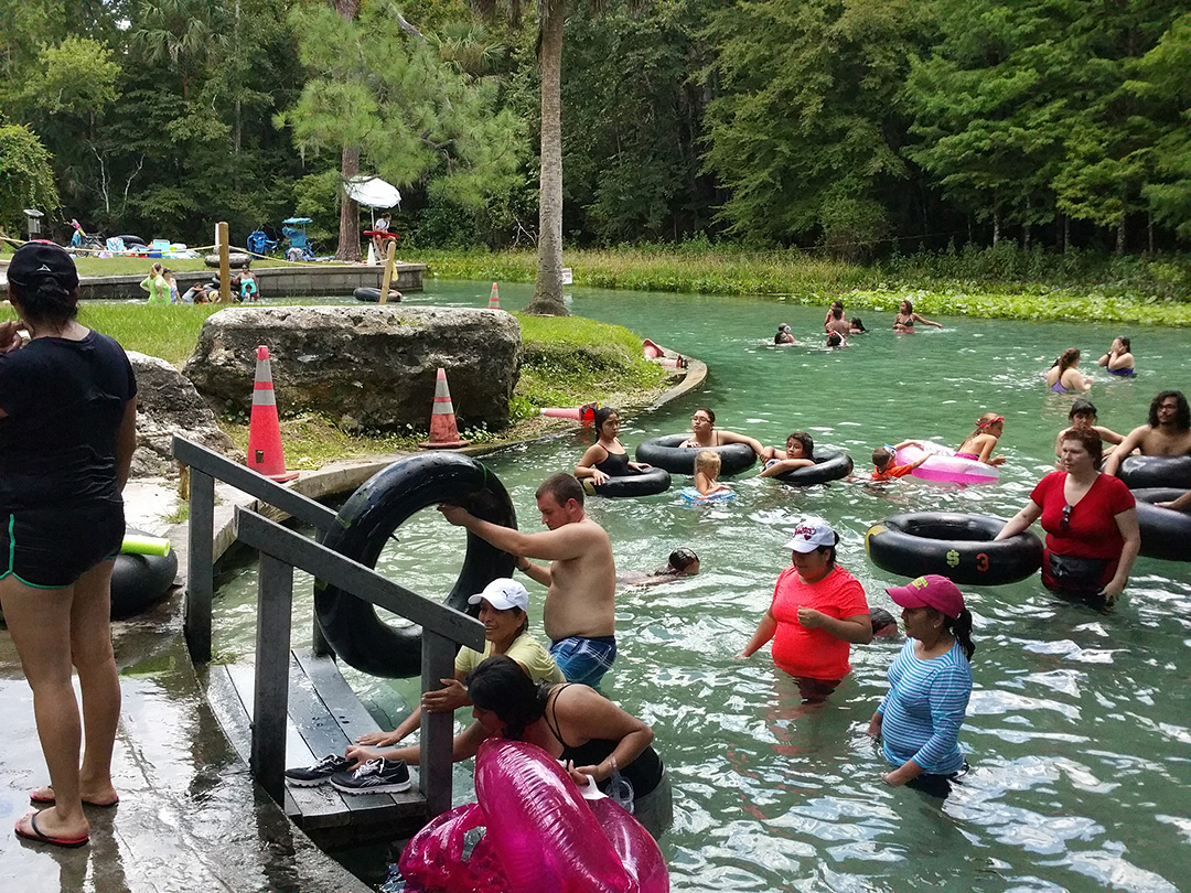 People are in the water at Rock Springs, and wooden stairs are shown leading from the springs, to the grassy area. People are in the water at Rock Springs, and wooden stairs are shown leading from the springs, to the grassy area.