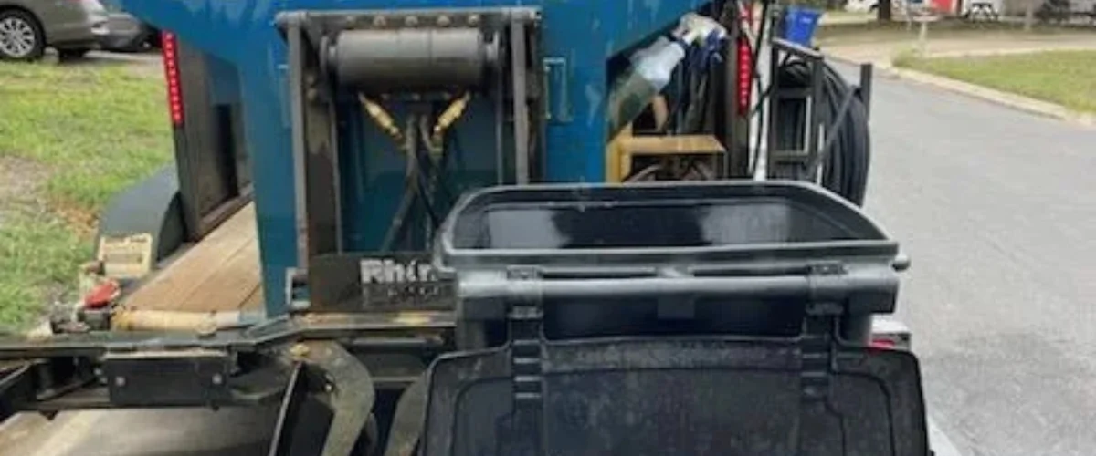 Trash bin cleaning service washing residential garbage bin with professional equipment Trash bin cleaning service washing residential garbage bin with professional equipment