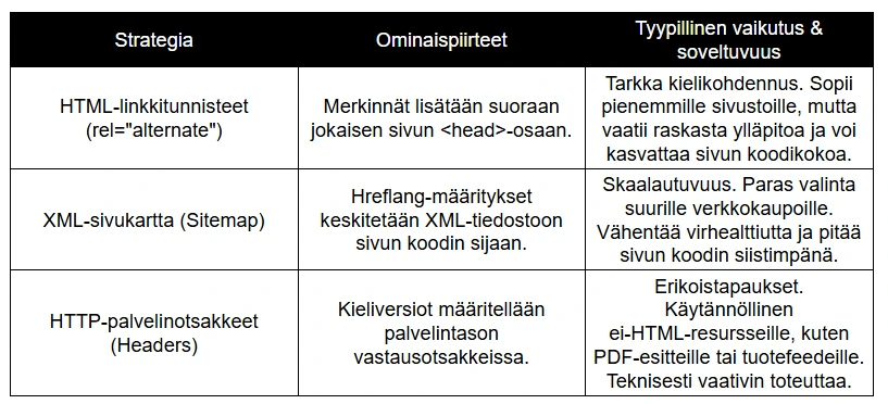 Tekninen vertailu: Hreflang-toteutustavat kansainvälisessä kaupassa