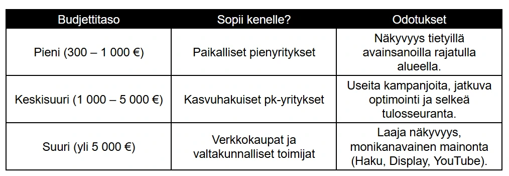 Budjettitasojen suuntaviivat (kuukausitasolla)
