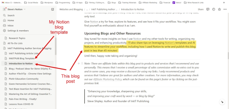 Example of using Notion to write this blog post.