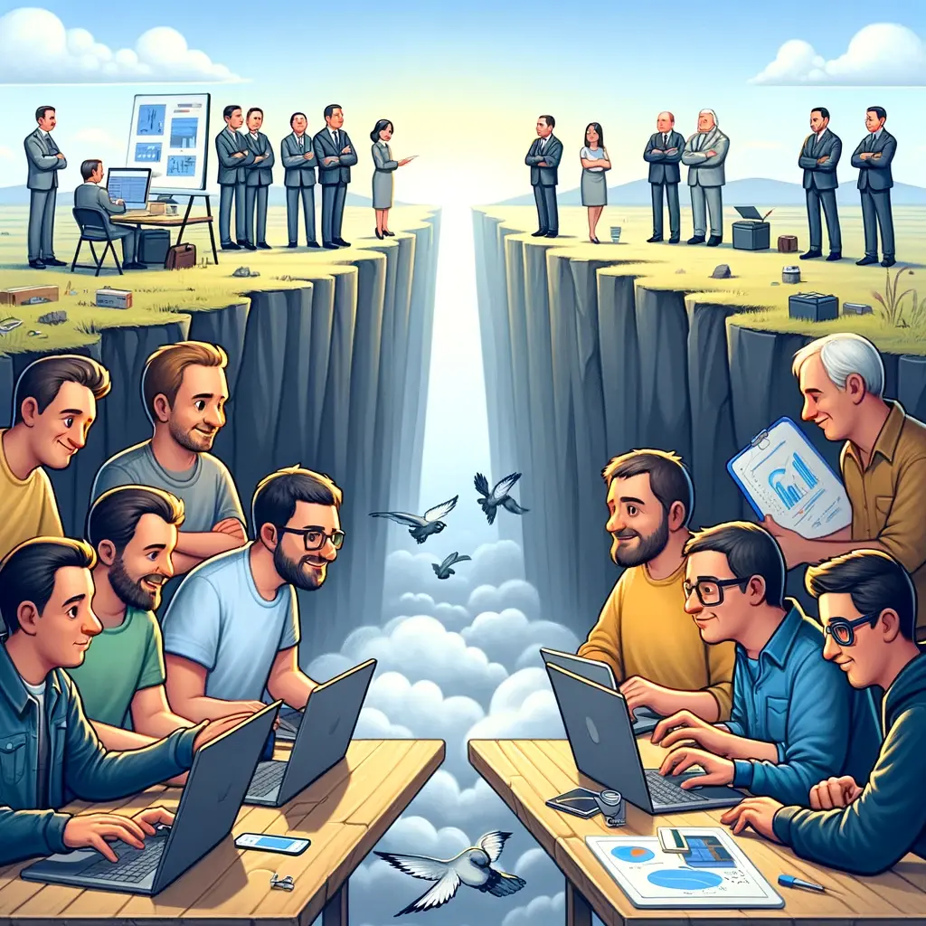 DALL·E 2024-05-03 10.59.07 - A series of three cartoon illustrations depicting a software development team and business customers separated by a metaphorical valley. In each image