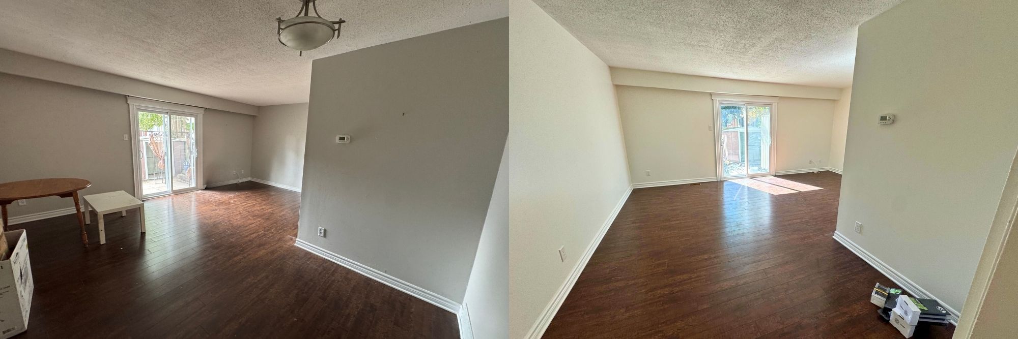 Before and after living room painted in Sherwin Williams White Flour SW7102 in Ottawa townhouse