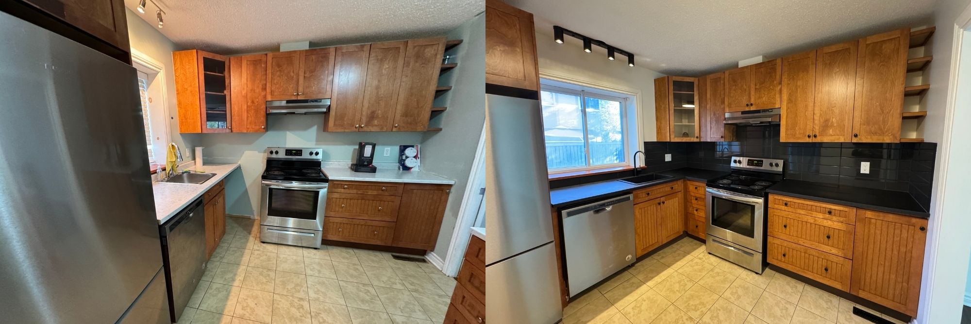 Before and after kitchen renovation in Ottawa showing black countertop and matte black hardware upgrade
