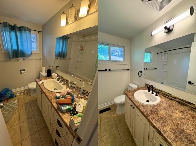 Before and after bathroom renovation in Ottawa with Sherwin Williams White Flour paint and matte black fixtures