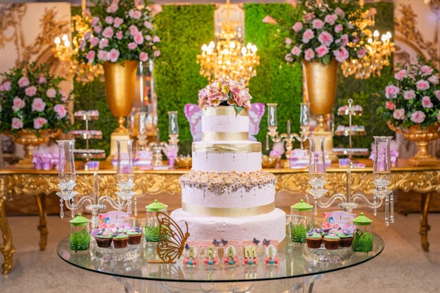 A beautifully decorated dessert table featuring a multi-tiered white and gold quinceañera cake, surrounded by colorful floral arrangements, candles, and intricate table settings. The elegant design sets the stage for a flawless quinceañera reception.