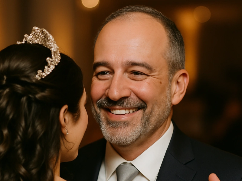 Proud father smiling during quinceañera father-daughter dance Proud father smiling during quinceañera father-daughter dance