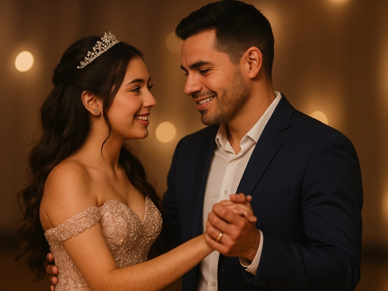 Emotional father-daughter dance moment during quinceañera celebration Emotional father-daughter dance moment during quinceañera celebration
