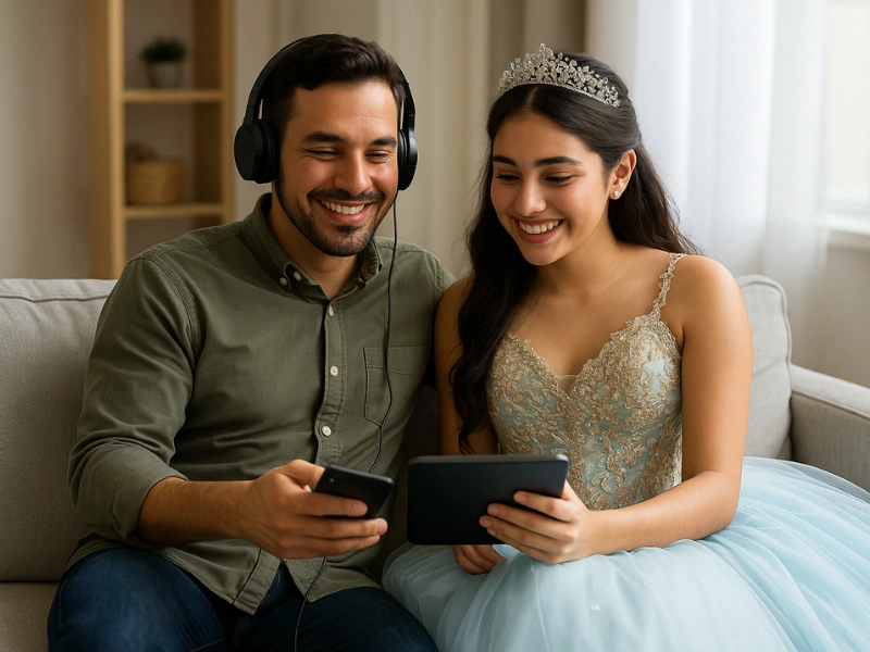 Latino father and daughter choosing the perfect quinceañera dance song together Latino father and daughter choosing the perfect quinceañera dance song together