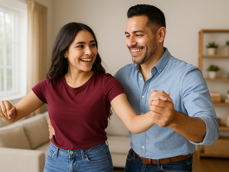 Latino father and daughter practicing a fun quinceañera dance mashup. Latino father and daughter practicing a fun quinceañera dance mashup.