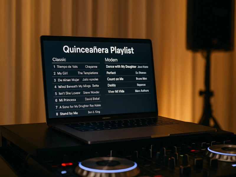 DJ booth displaying quinceañera playlist mixing waltz and modern dance music DJ booth displaying quinceañera playlist mixing waltz and modern dance music