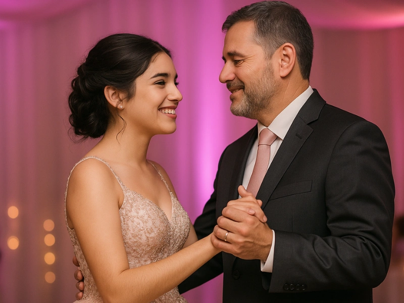 Father-daughter quinceañera dance under soft warm lighting Father-daughter quinceañera dance under soft warm lighting