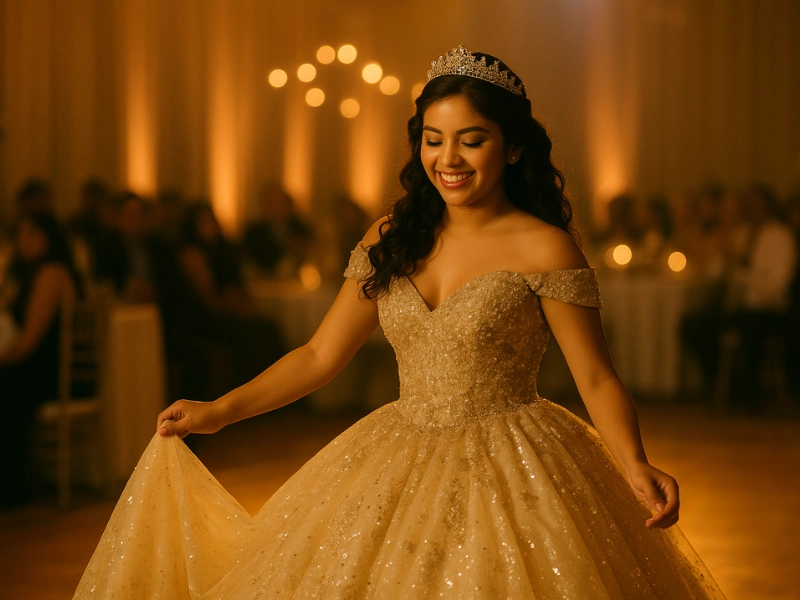 Quinceañera performing solo dance under soft pink quinceañera lighting. Quinceañera performing solo dance under soft pink quinceañera lighting.