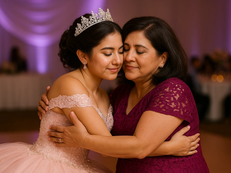 Quinceañera hugging her mother as an alternative to the father-daughter dance Quinceañera hugging her mother as an alternative to the father-daughter dance