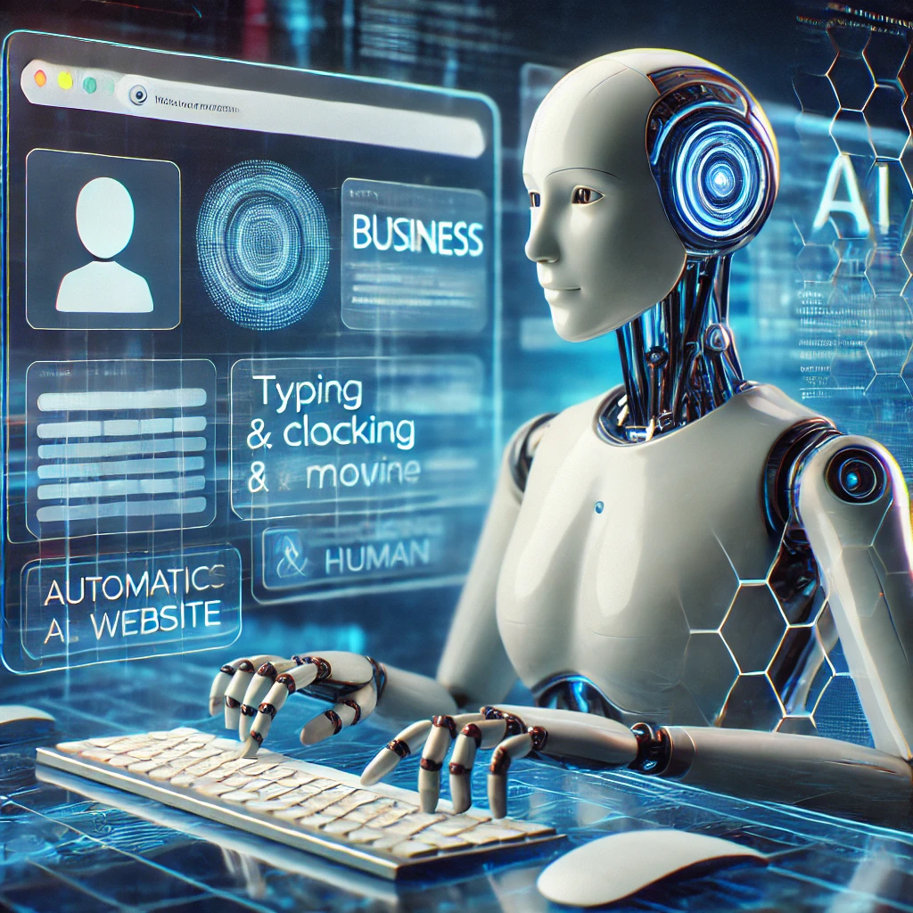 An AI-powered digital assistant interacting with a website using a virtual keyboard and mouse, mimicking human actions like typing, clicking, and scrolling on a futuristic business interface. An AI-powered digital assistant interacting with a website using a virtual keyboard and mouse, mimicking human actions like typing, clicking, and scrolling on a futuristic business interface.