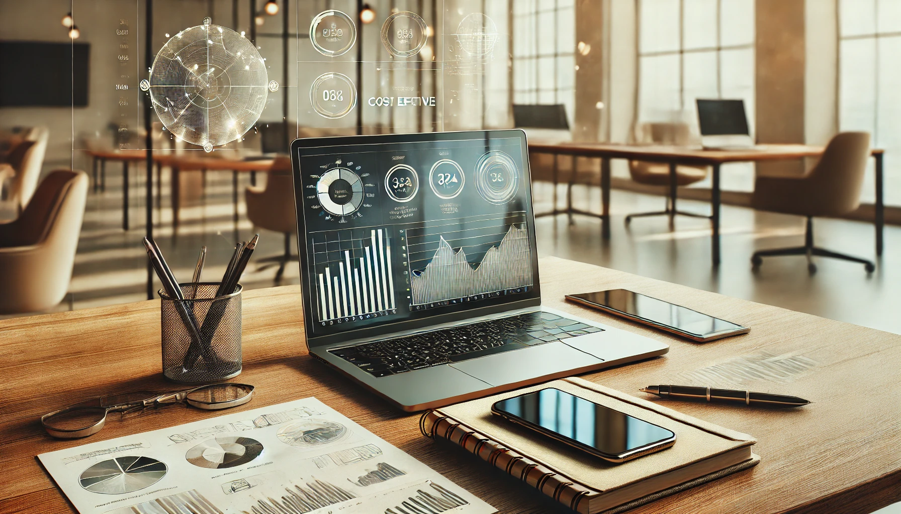 A modern workspace setup featuring a laptop, smartphone, a notebook with handwritten notes, and charts or graphs, symbolizing cost-effective tools for small business owners. The background includes a clean, professional office space with natural light and minimal decor. No visible text or words. Photorealistic style, sharp details, warm tones, clean and professional layout, high-resolution digital artwork, productivity and innovation vibe A modern workspace setup featuring a laptop, smartphone, a notebook with handwritten notes, and charts or graphs, symbolizing cost-effective tools for small business owners. The background includes a clean, professional office space with natural light and minimal decor. No visible text or words. Photorealistic style, sharp details, warm tones, clean and professional layout, high-resolution digital artwork, productivity and innovation vibe