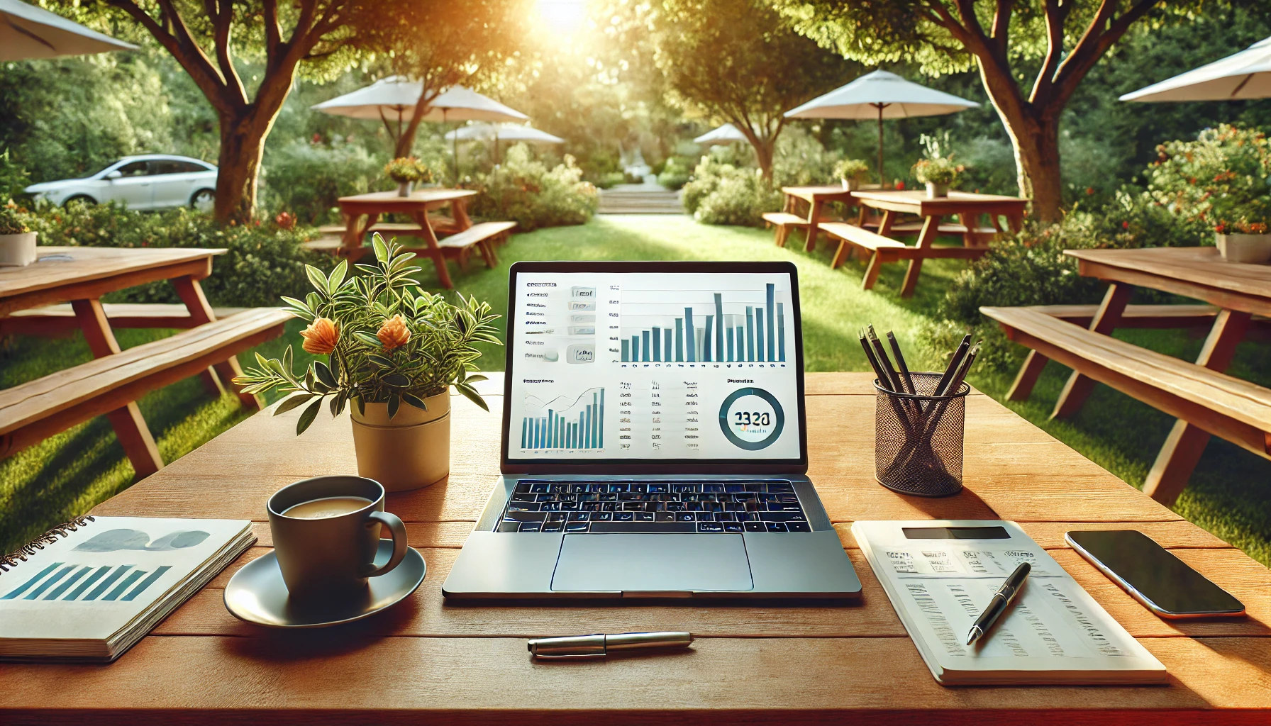 A laptop displaying an accounting dashboard with clear charts and data summaries, set on a minimalist desk with a cup of coffee and notepad. A laptop displaying an accounting dashboard with clear charts and data summaries, set on a minimalist desk with a cup of coffee and notepad.