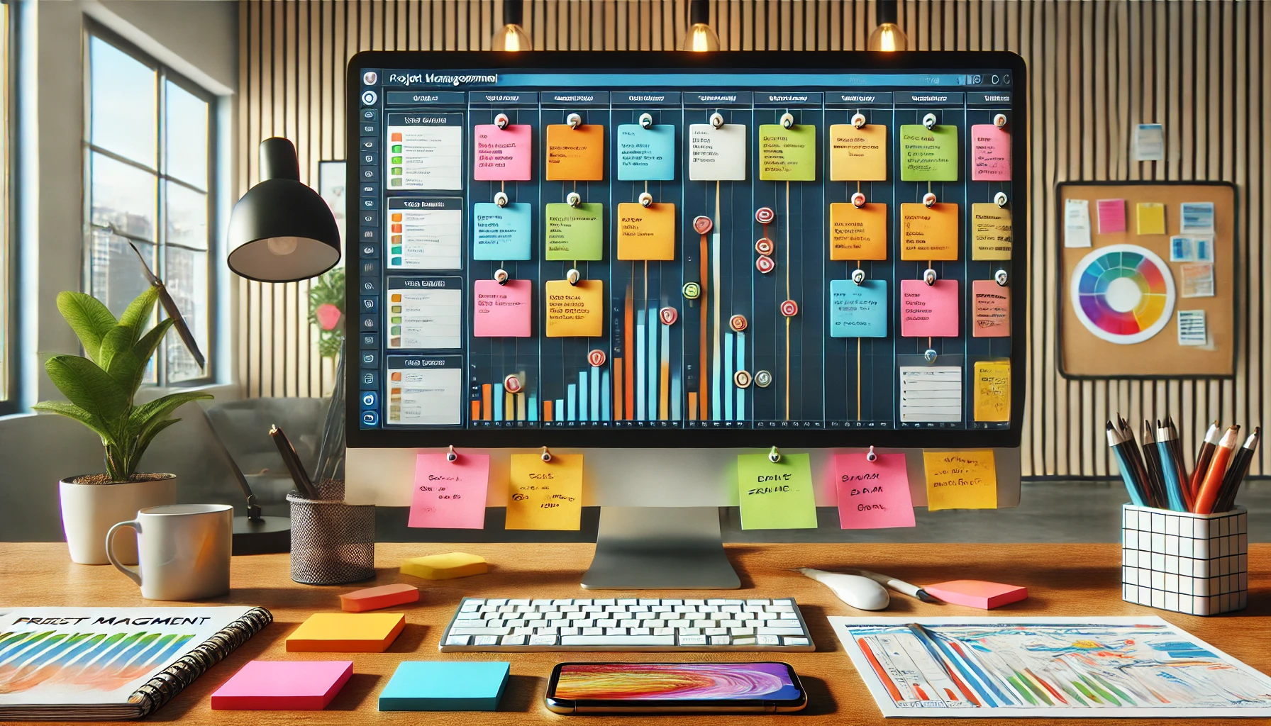 A colourful project management board with task cards and timelines on a computer screen, surrounded by sticky notes and a smartphone. A colourful project management board with task cards and timelines on a computer screen, surrounded by sticky notes and a smartphone.