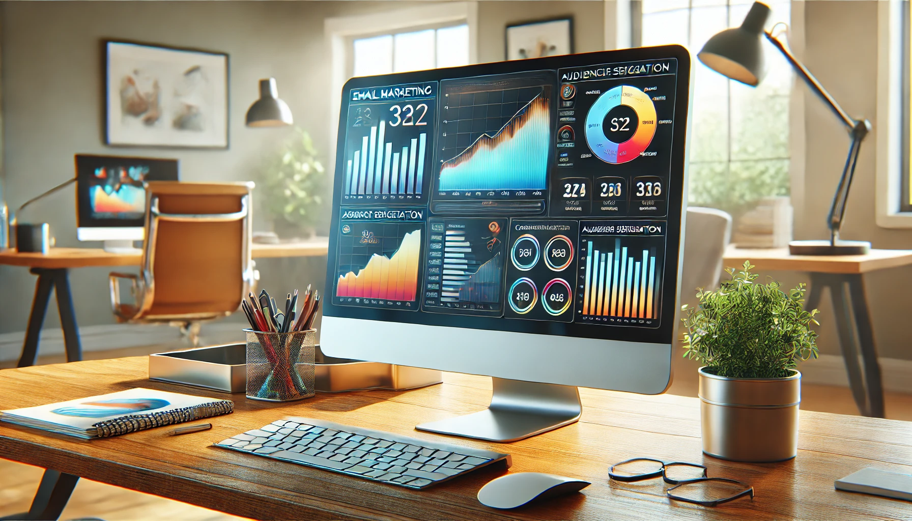 A vibrant email marketing dashboard displayed on a computer screen, showcasing campaign statistics and audience segmentation charts. The workspace includes a clean desk with subtle office decor, natural light, and a modern chair in the background. No visible text or labels on the dashboard. Photorealistic style, vibrant and professional colors, detailed textures, clean and inviting layout, high-resolution digital artwork A vibrant email marketing dashboard displayed on a computer screen, showcasing campaign statistics and audience segmentation charts. The workspace includes a clean desk with subtle office decor, natural light, and a modern chair in the background. No visible text or labels on the dashboard. Photorealistic style, vibrant and professional colors, detailed textures, clean and inviting layout, high-resolution digital artwork