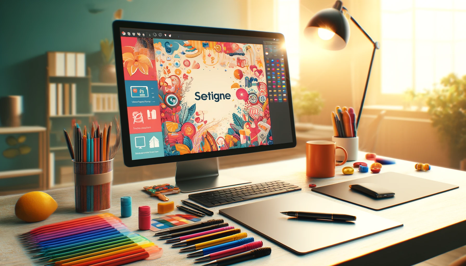 A desktop displaying Canva’s design interface with a vibrant social media template in progress, surrounded by creative tools like pens and sketches. A desktop displaying Canva’s design interface with a vibrant social media template in progress, surrounded by creative tools like pens and sketches.